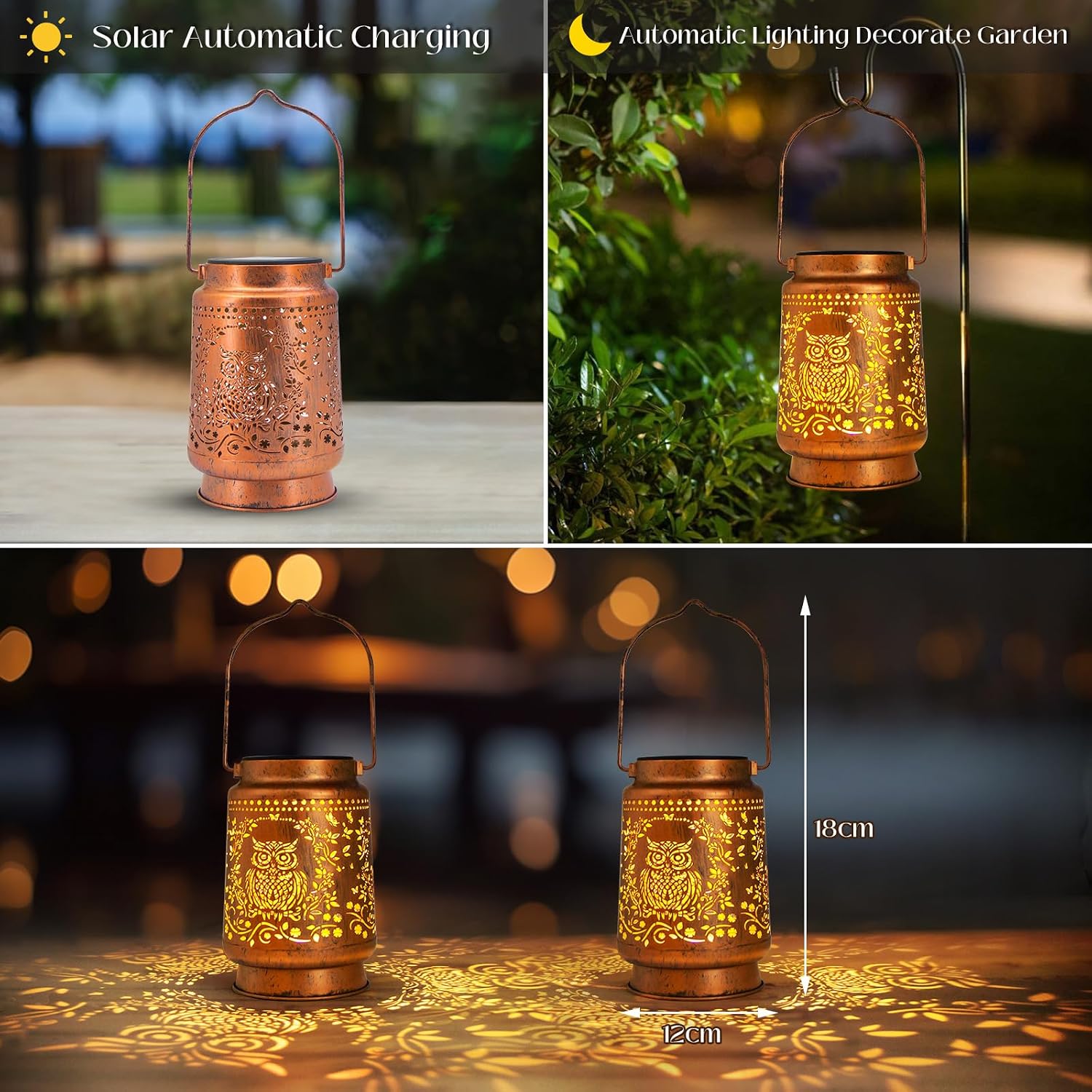 Detalle de Owl Gifts for Women solar owl garden lantern (outdoor LED) with antique bronze look and automatic light sensor