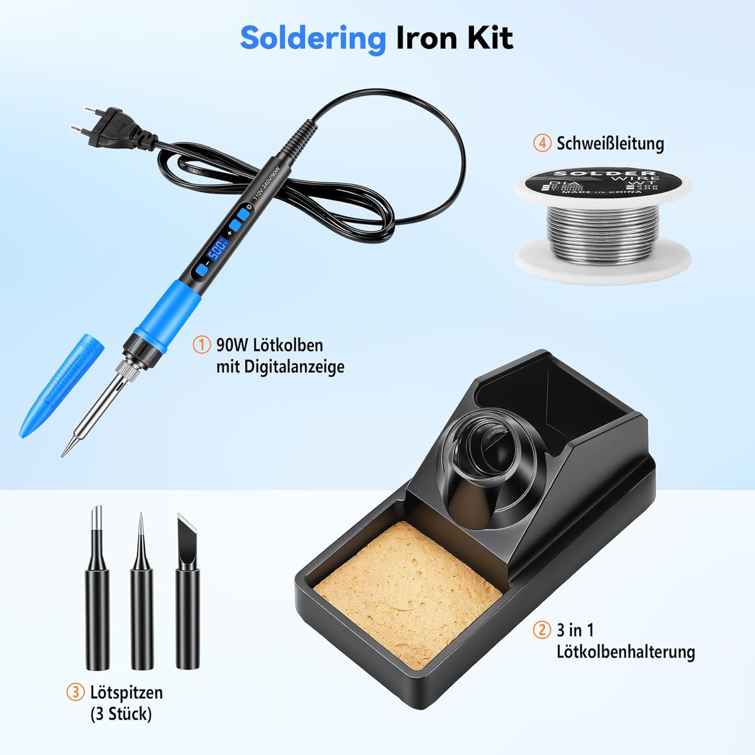 Detalle 2 de BOSYTRO Kit Saldatore 90W: controllo preciso 180–500°C con 3 punte, supporto e custodia
