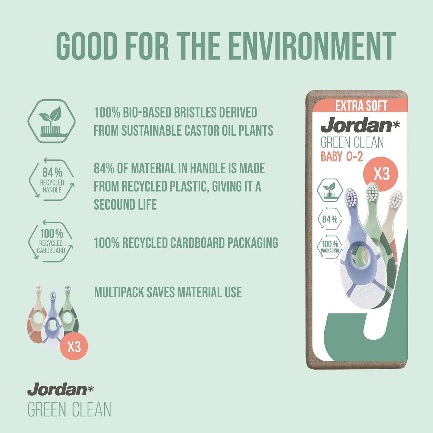 Detalle de Jordan ® Step 1 Green Clean – Brosse à dents bébé durable 0-2 ans (3 unités)