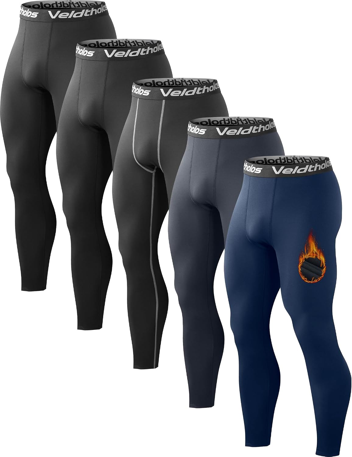 Detalle de Veldtholos 5-Pack Men's Thermal Compression Pants, Fleece-Lined, 4-Way Stretch