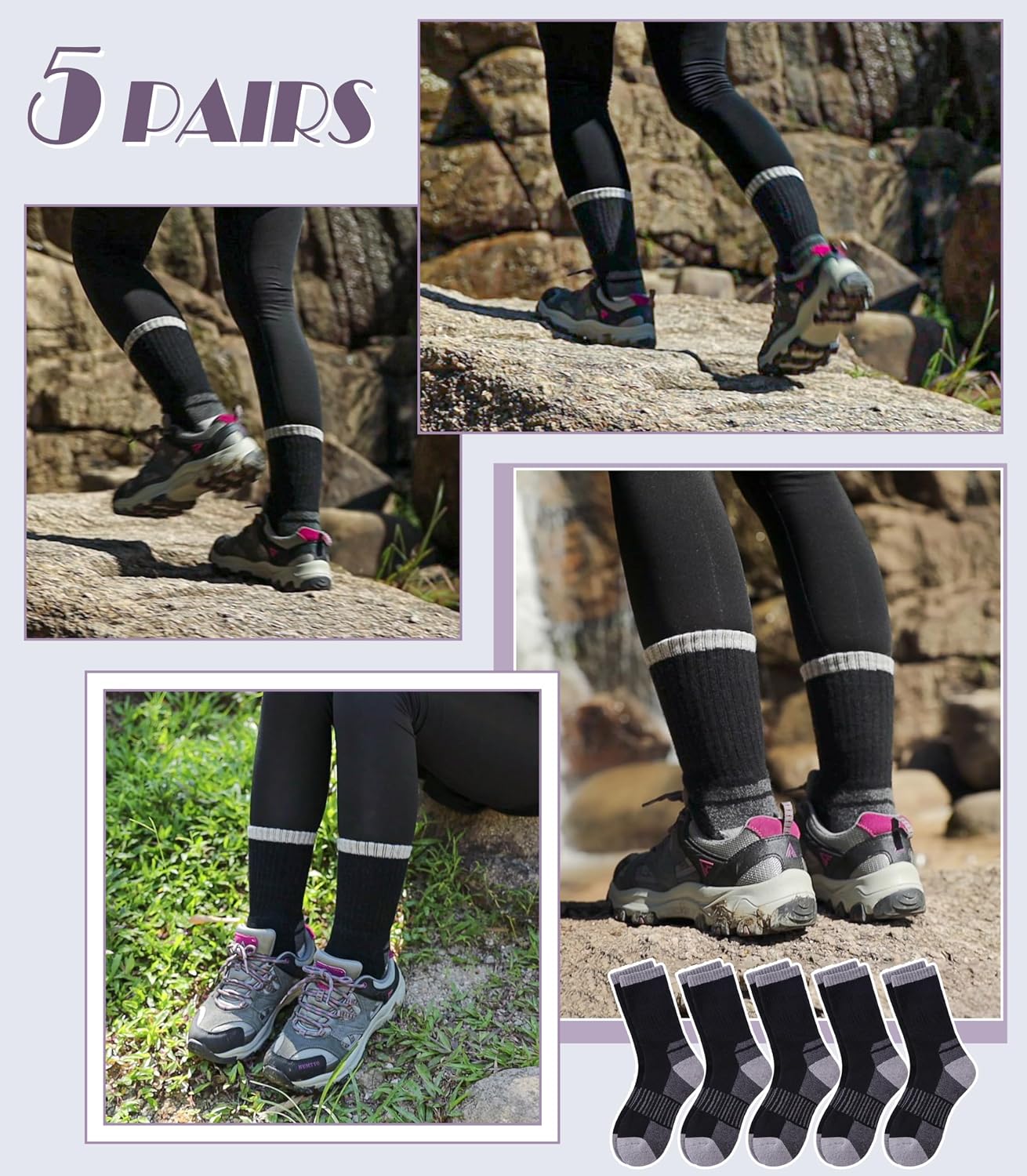 Detalle 1 de DYW Merino Wool Hiking Socks, Cushioned Crew Socks, 5-Pair Pack