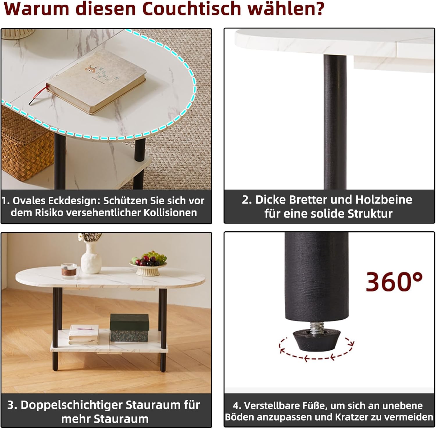 Thumbnail 4 de Aibiju Couchtisch YD-011M – kleiner Wohnzimmertisch mit ovaler Platte, 2-stufigem Stauraum und Holzbeinen