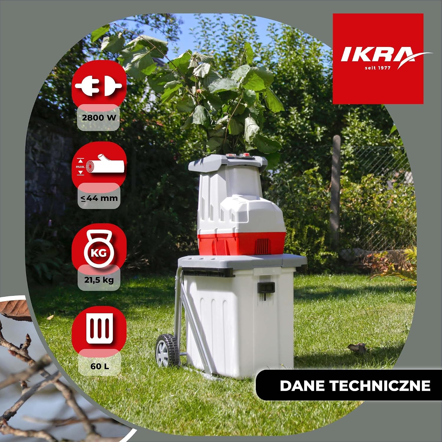 Detalle 2 de IKRA ILH 2800 – elektryczny rozdrabniacz walcowy, 2800 W, gałęzie do 44 mm