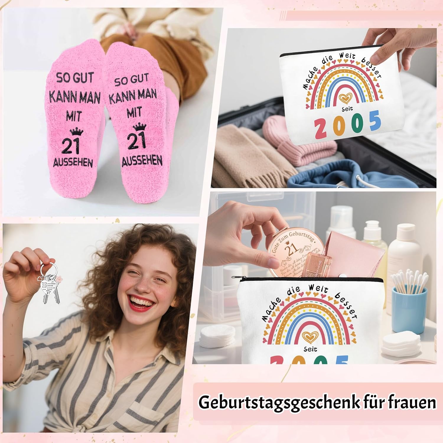 Thumbnail 6 de Shining She 21 Geburtstag Geschenk Set für Frauen – 2005 Geschenkideen mit Kosmetiktasche, Schlüsselanhänger, Spiegel und rosa Socken