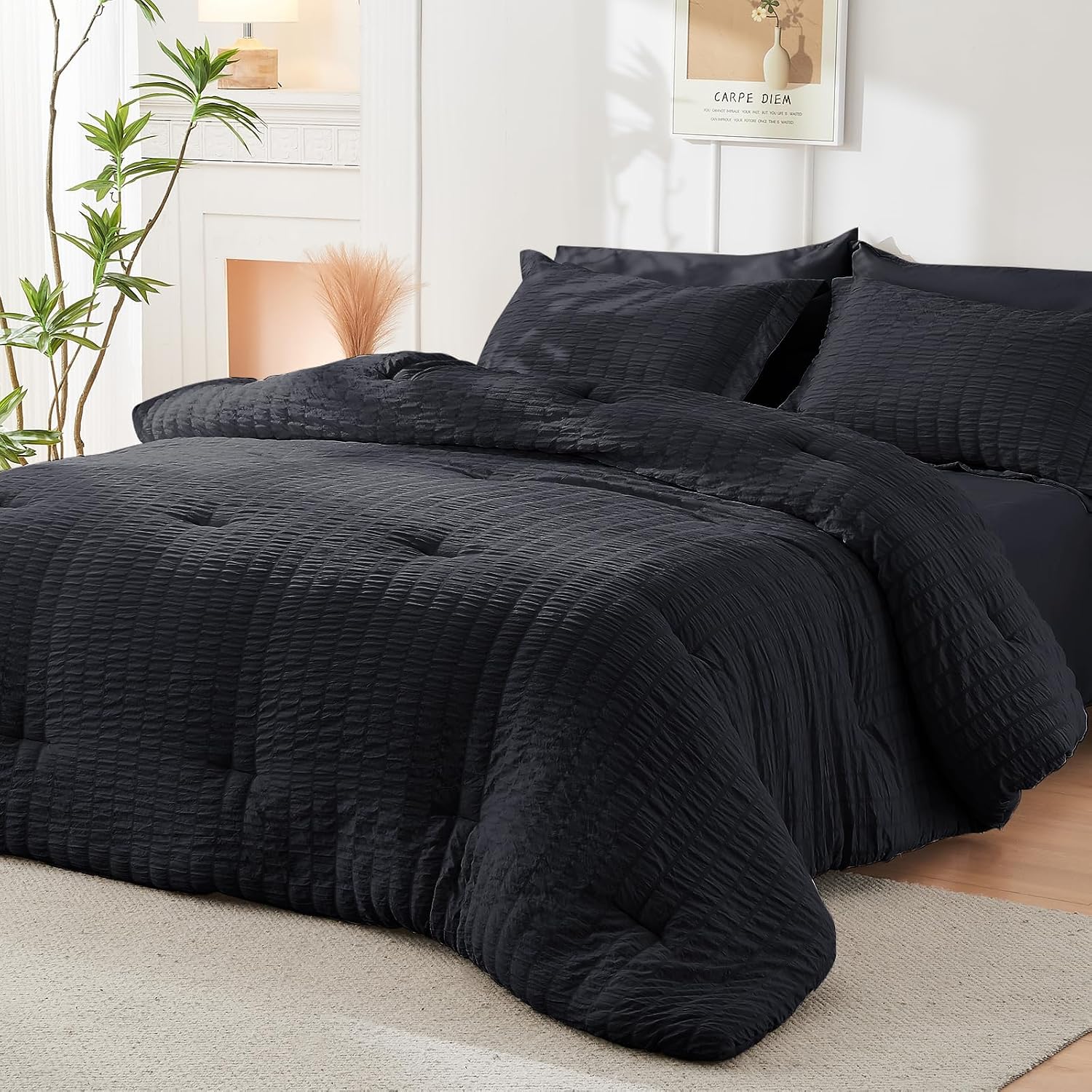 Thumbnail 6 de HYMOKEGE Black Twin Seersucker Comforter Set with Microfiber Bedding