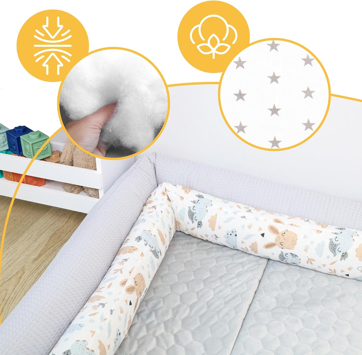 Detalle de Totsy Baby XXL Bettschlange – Bettkissen, Stillkissen und Schutz in Einem (150 cm, Grau Sterne auf Weiß, EU-Herstellung, Oeko-Tex-zertifiziert)