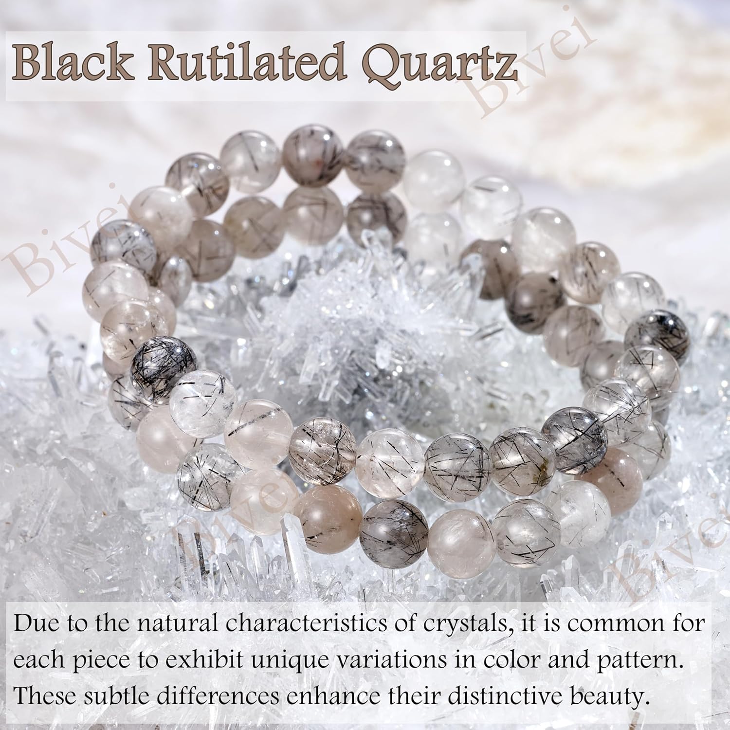 Thumbnail 4 de Bivei 8mm Beaded Bracelet (Black Rutilated Quartz) – handmade natural stone stretch yoga jewellery for women