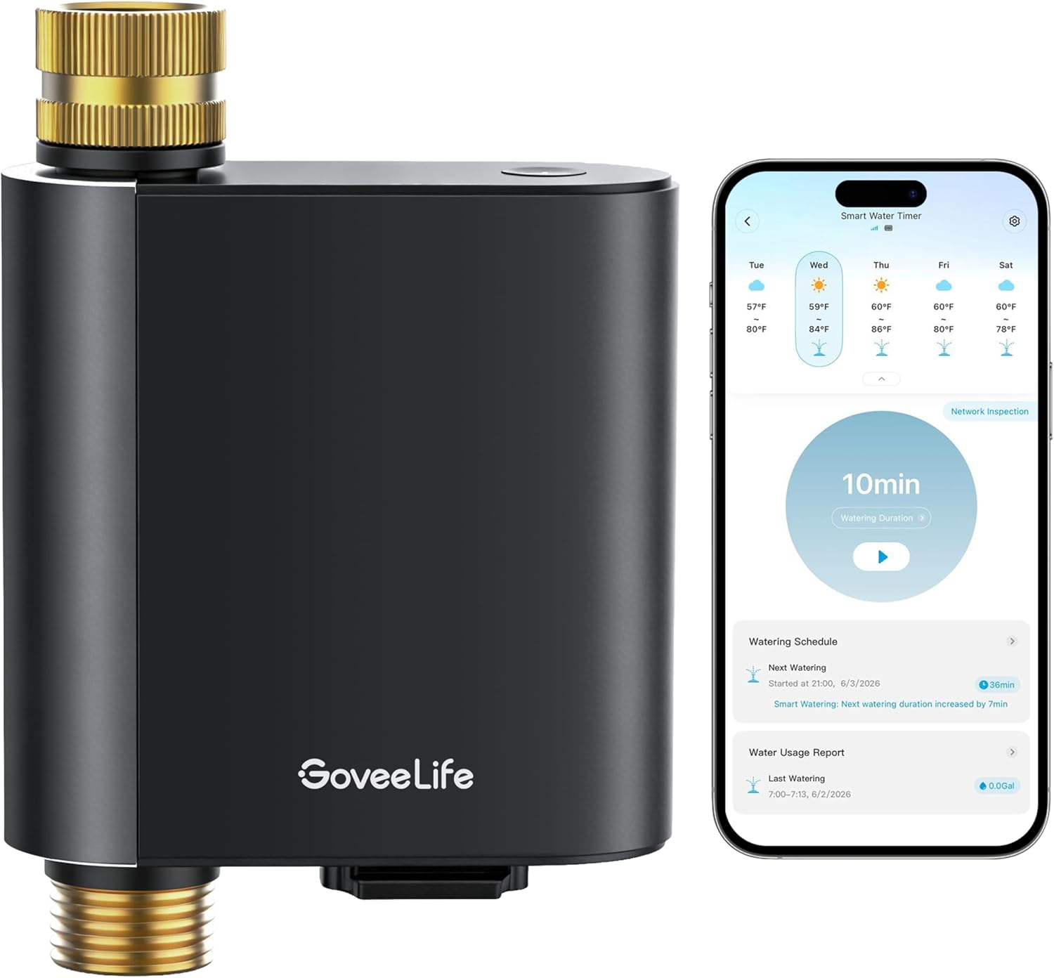 Detalle de GoveeLife H5901 Bluetooth Smart Sprinkler Timer with Brass Inlet and Outlet, IP67