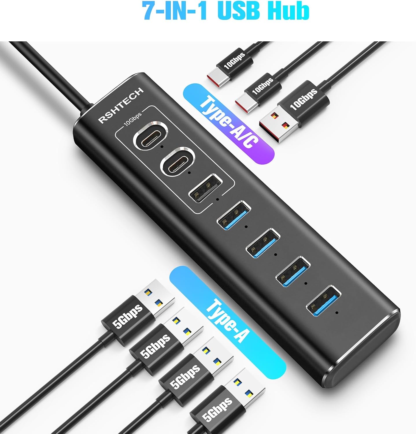 Detalle de RSHTECH RSH-A107C 7‑Port USB‑C Hub mit Netzteil 🔌