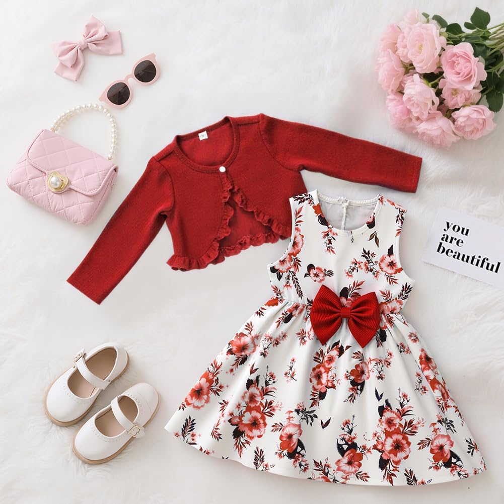 Detalle 1 de Vicloon Girls' Floral Sleeveless Dress and Long-Sleeve Ruffle Cardigan, 2-Piece Set