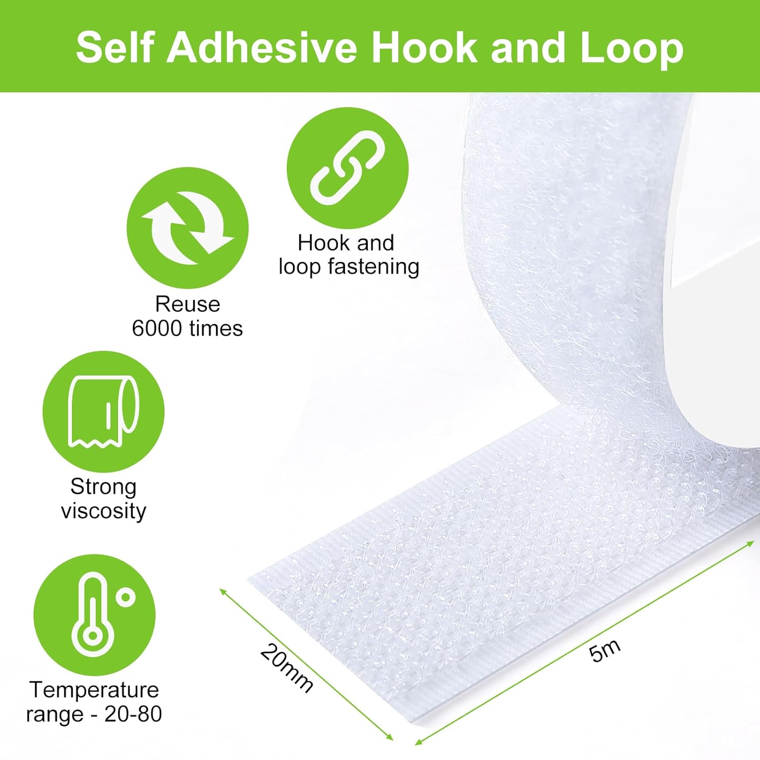 Thumbnail 1 de AiQInu nastro di fissaggio in feltro adesivo biadesivo Hook & Loop 5 m x 20 mm (2 rotoli)
