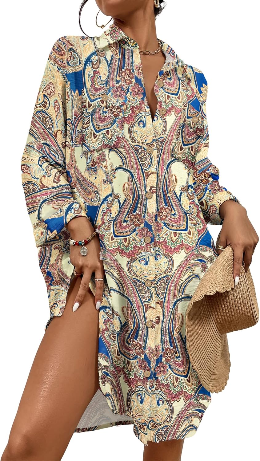 Detalle de Women’s Modern Beach Cover-Up Blouse Shirt Dress Top with Tie-Knot Hem and Front Pocket