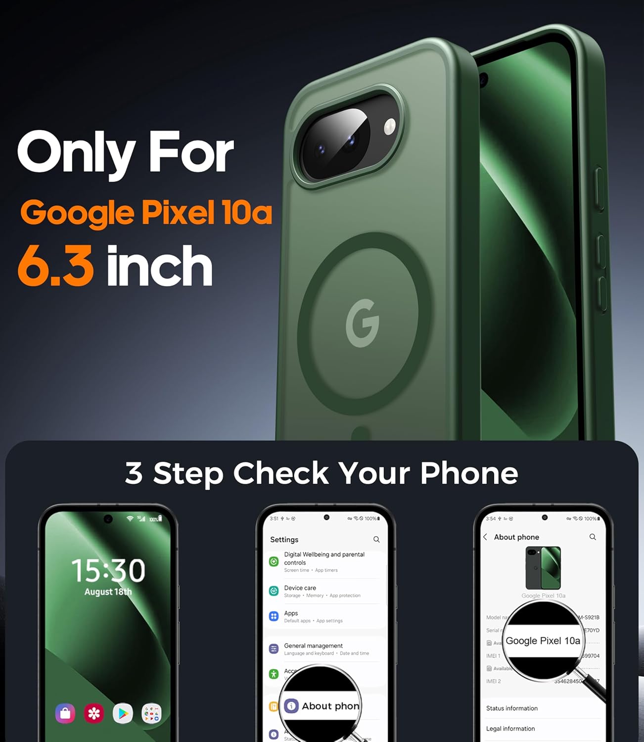 Thumbnail 1 de Opkiegrn Compatible Case for Google Pixel 10a 5G with MagSafe + 2 HD Screen Protectors (Dark Green, Military-Grade Shockproof)