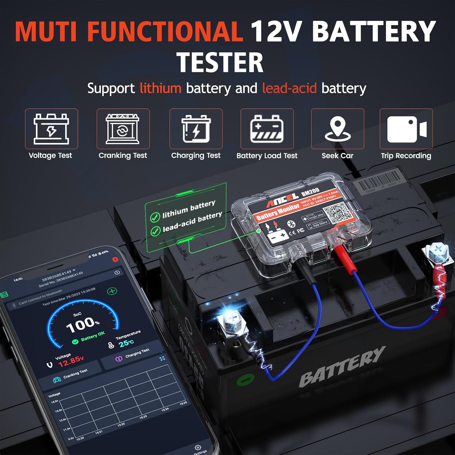 Detalle de ANCEL BM200-US Car Battery Tester: 12V Bluetooth Battery Monitor for Cars, RVs, Boats and More