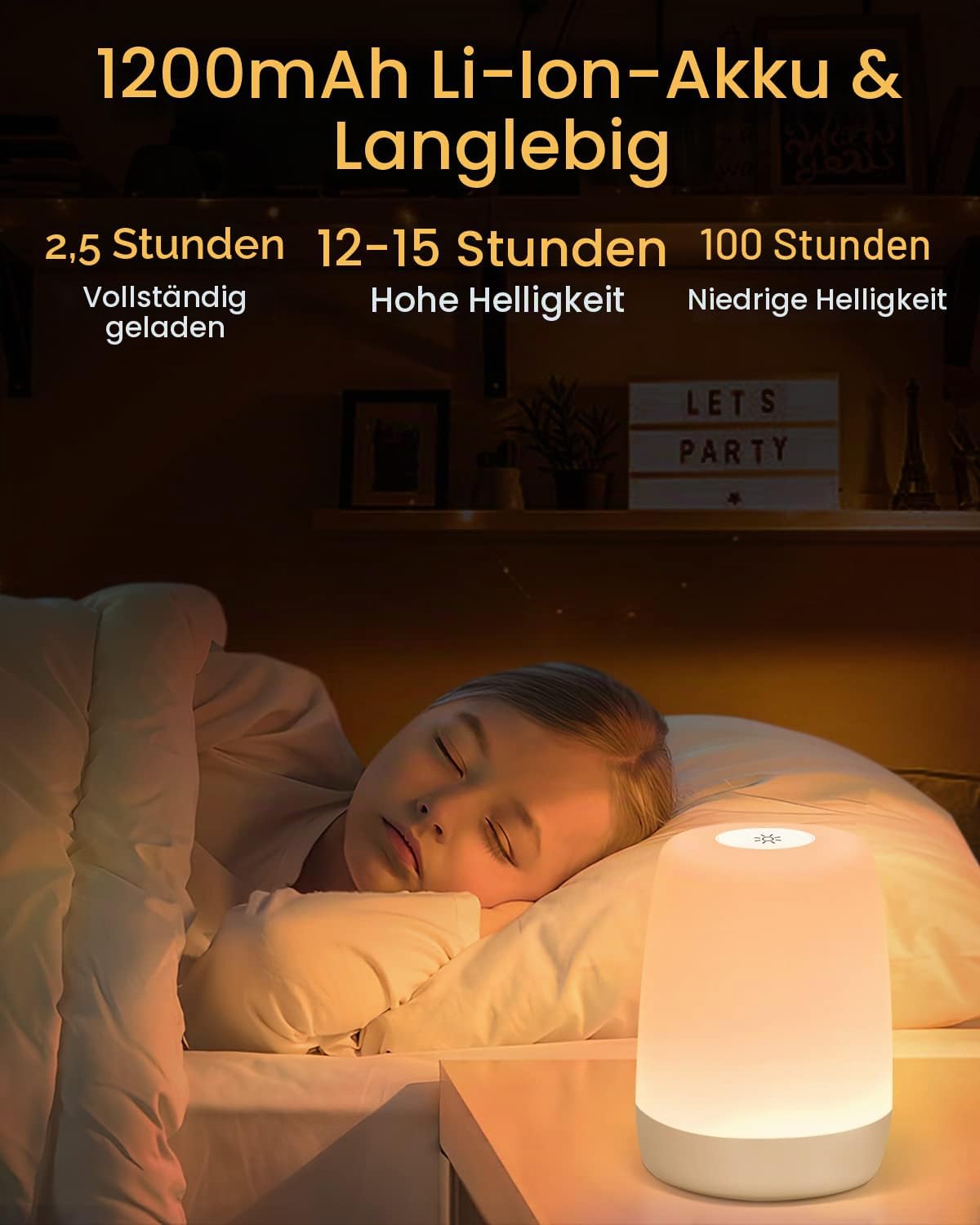 Detalle de FOMYHEARD Nachtlicht Kinderzimmer: Touch-Dimmbar, Warmlicht & RGB‑Spektrum, USB aufladbar