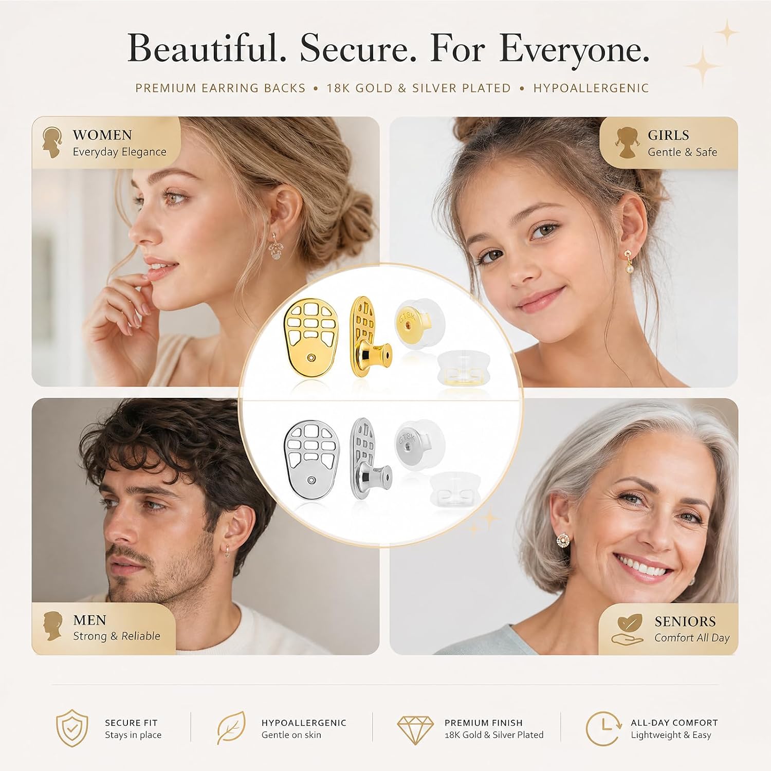 Detalle de JUNCHONG JC-earring backs for droopy ears-D01 Racquet-Shaped Earring Backs