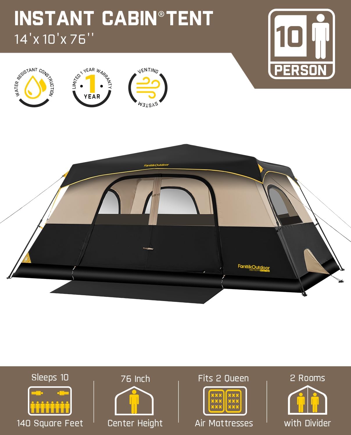 Detalle de FanttikOutdoor Zeta C10 Pro 10-Person Instant Cabin Tent, 14' x 10' with Rainfly