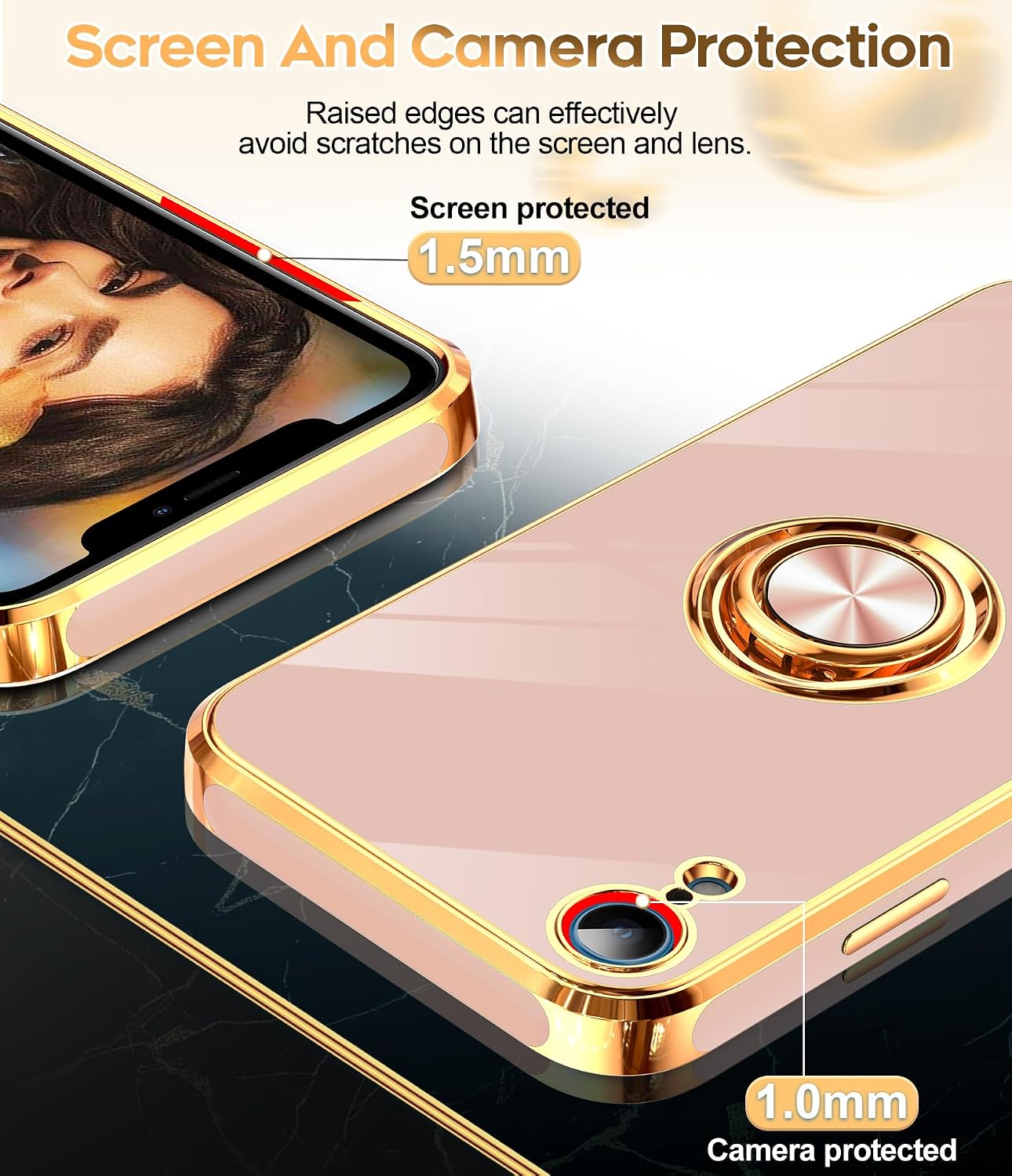 Detalle de LeYi iPhone XR Case with Tempered Glass Screen Protector (2-Pack) 360° Magnetic Kickstand Ring Holder, Rose Gold Edge, Pink