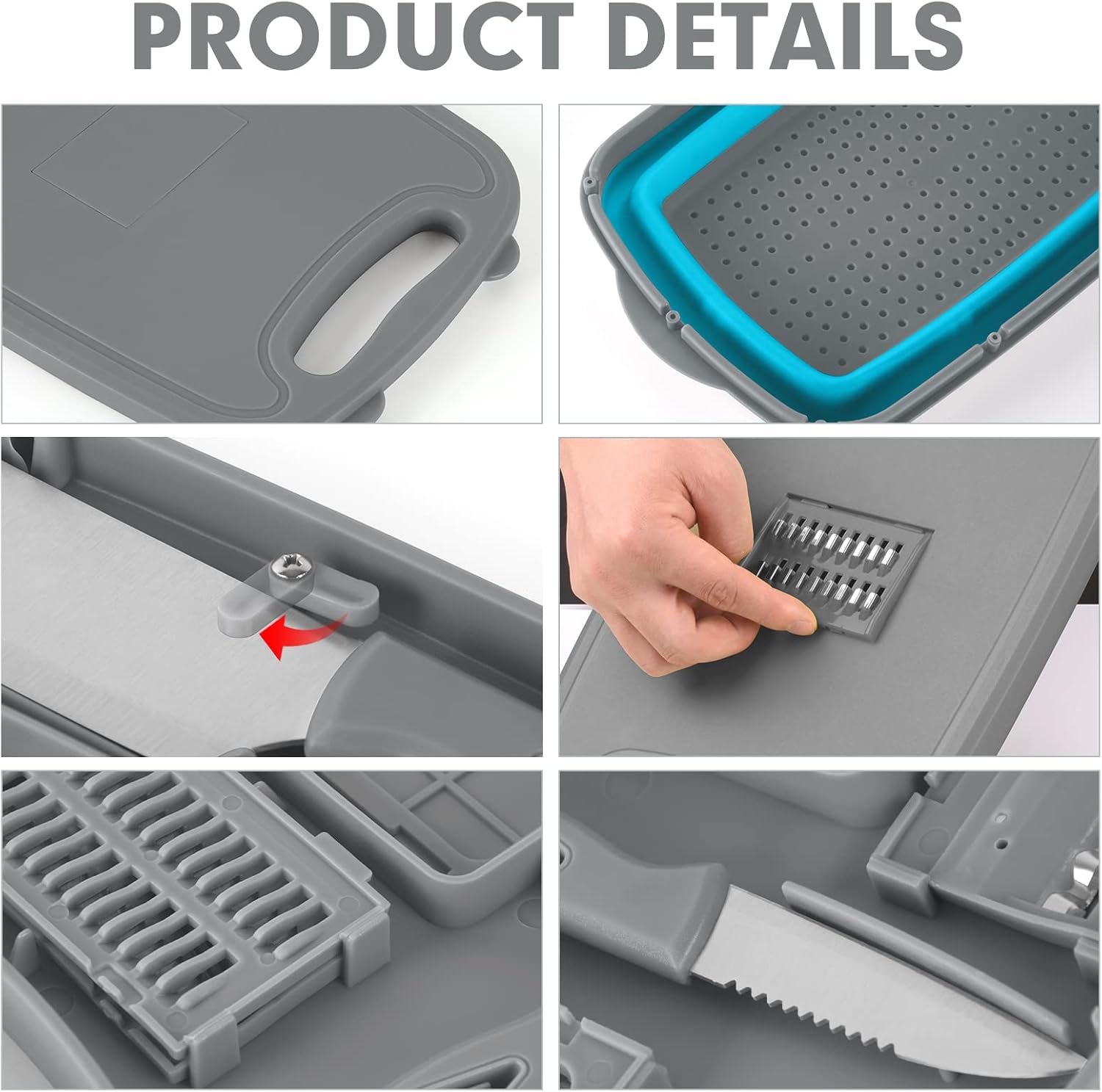Detalle 2 de HI NINGER 9-in-1 Multifunktionales Camping-Schneidebrett – faltbares Küchenhelfer mit 5 Gemüseschneidern, 2 Messern & Abtropfkorb