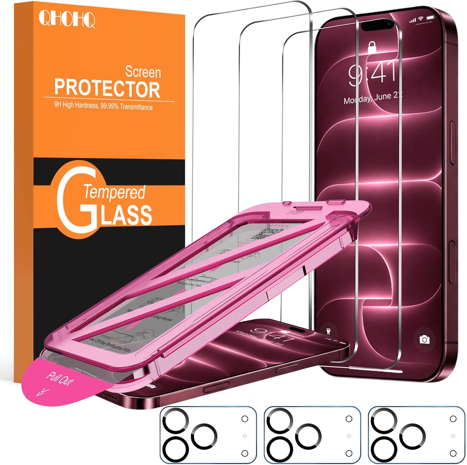 Detalle de QHOHQ iPhone 18 Pro Max Screen Protector, 9H+ Tempered Glass, 3+3 Pack