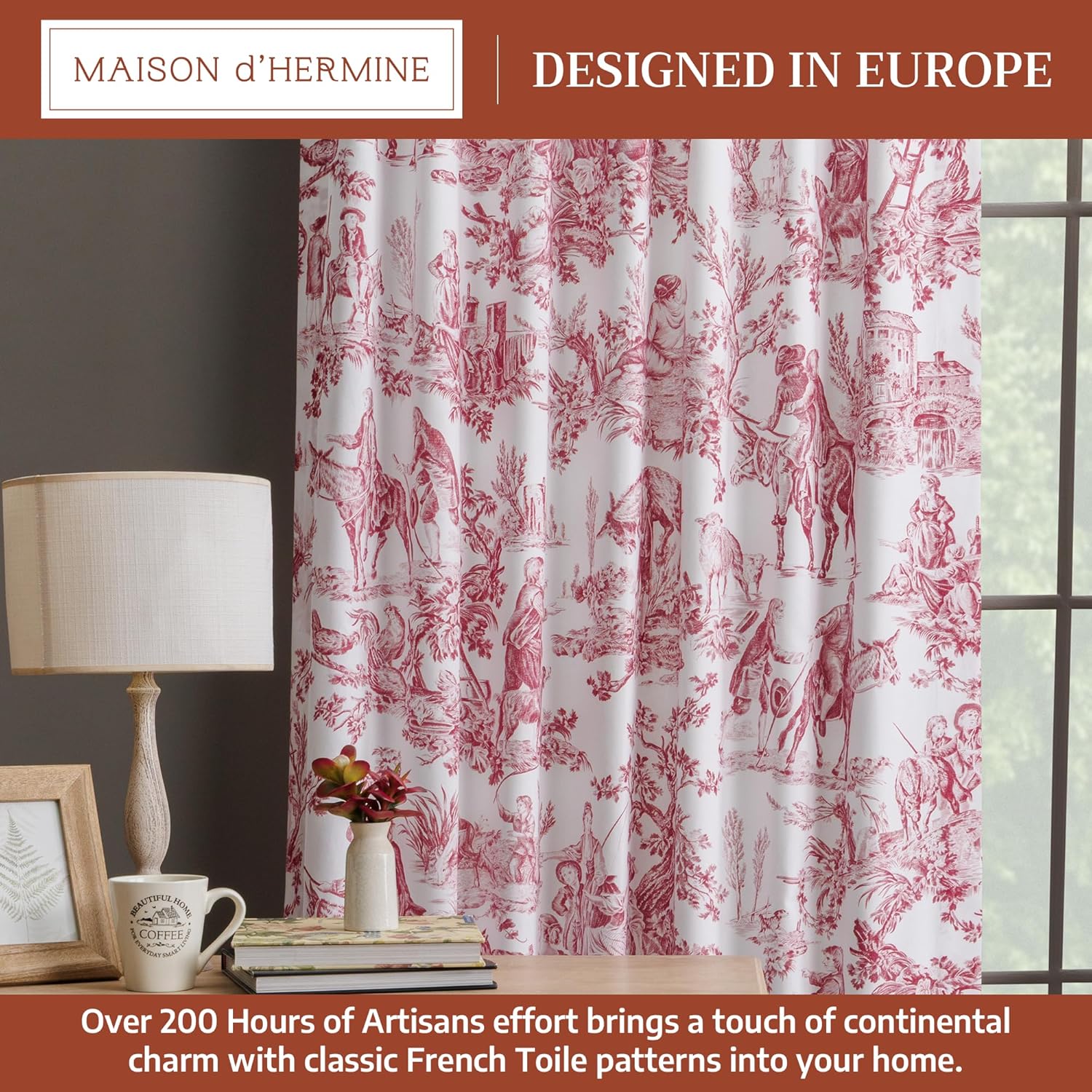Detalle de Maison d' Hermine The Miller Red Toile Curtains — 50" W x 84" L, 100% Cotton