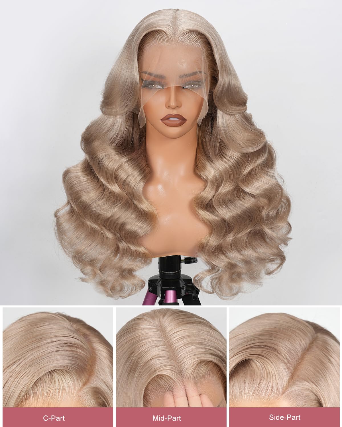 Detalle 2 de Alididi Ash Blonde Human Hair Wig (200% Density) 13x6 Body Wave HD Lace Front, Milk Tea Ash Blonde, 30 inch