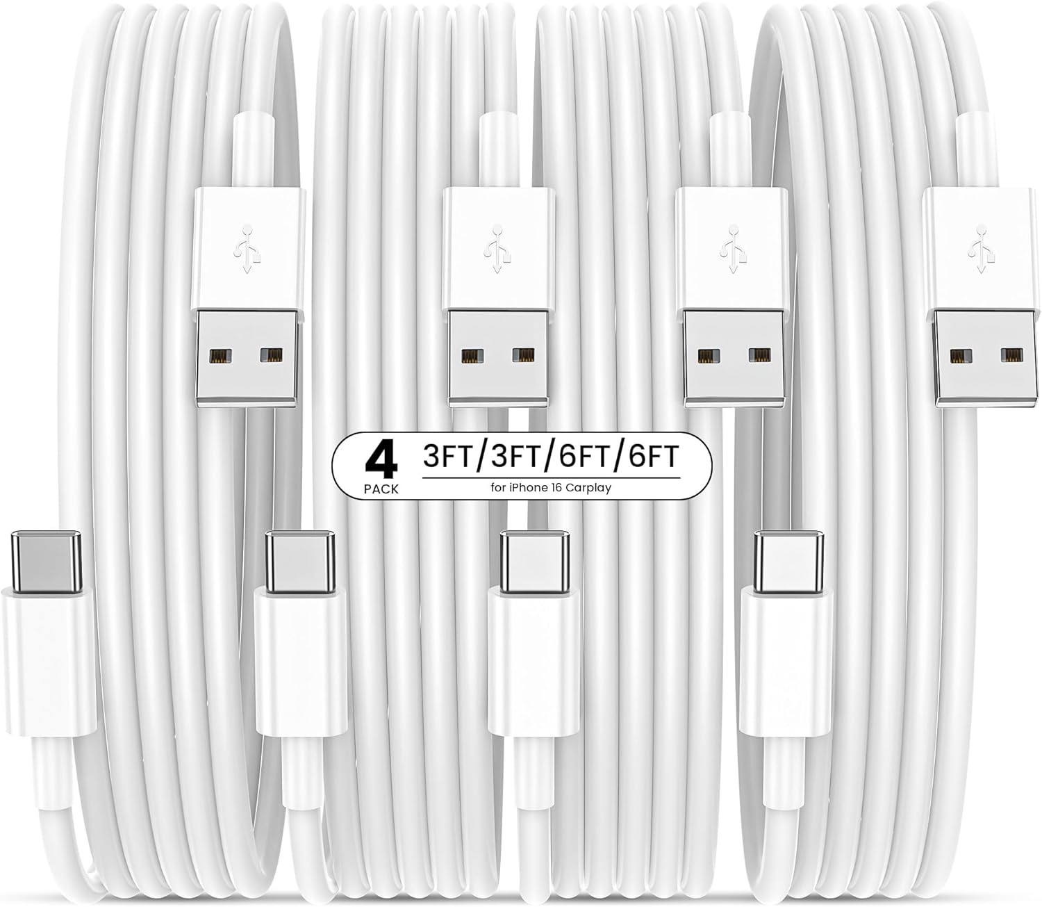 Bayznqiu USB to USB‑C Cable 4-Pack — 3FT & 6FT