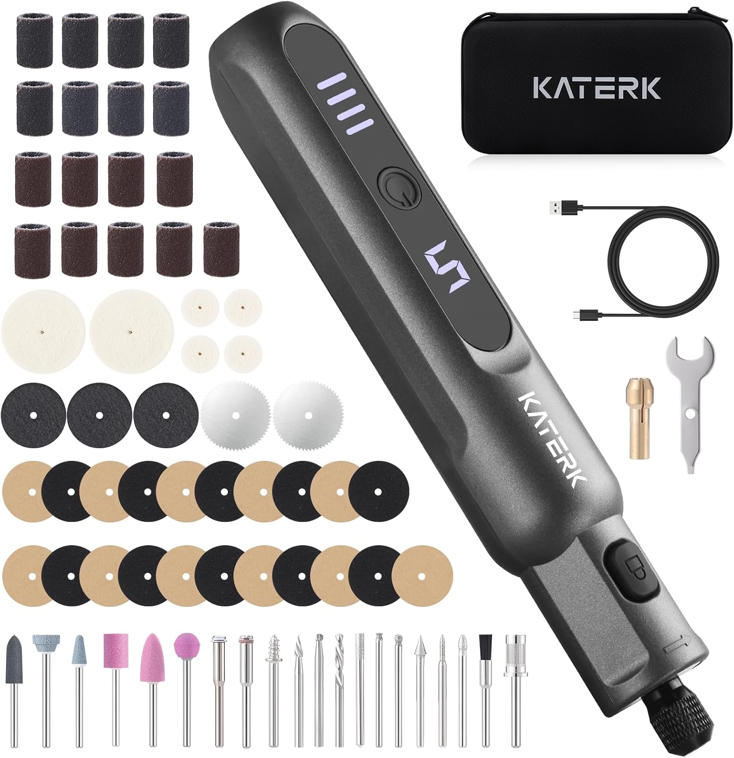 Detalle de Katerk Kit di Utensile Multifunzione 3.7V: 6 Marce, 70 Accessori e Display LED