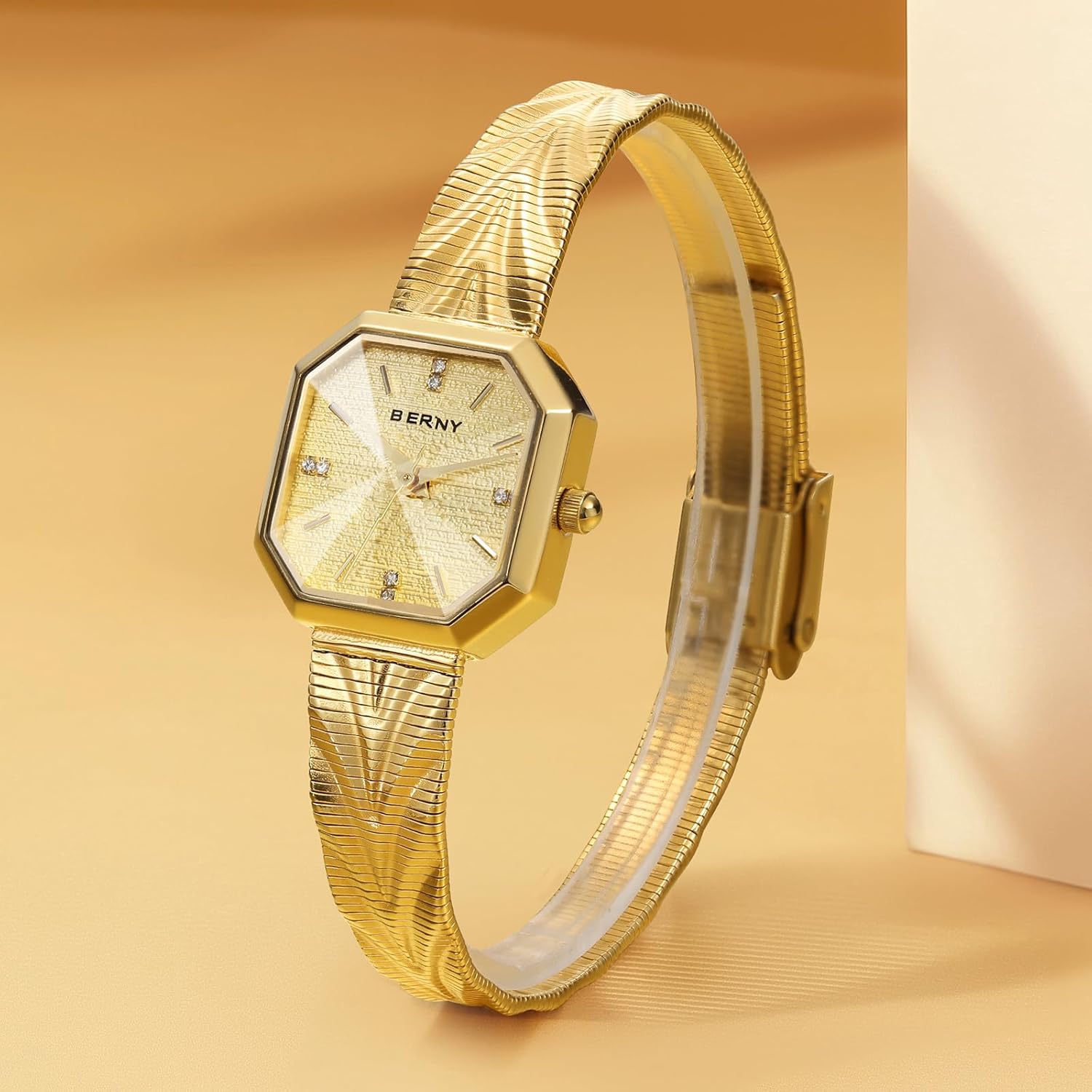 Thumbnail 6 de BERNY Gold Uhr für Damen – quadratisches Zifferblatt, Quarz, Wasserdicht 3 ATM
