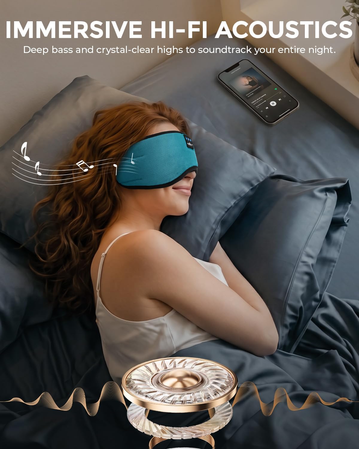 Detalle de MUSICOZY Sleep Mask Headphones: Soft Breathable Bluetooth Eye Mask with 100% Blackout in Lake Blue