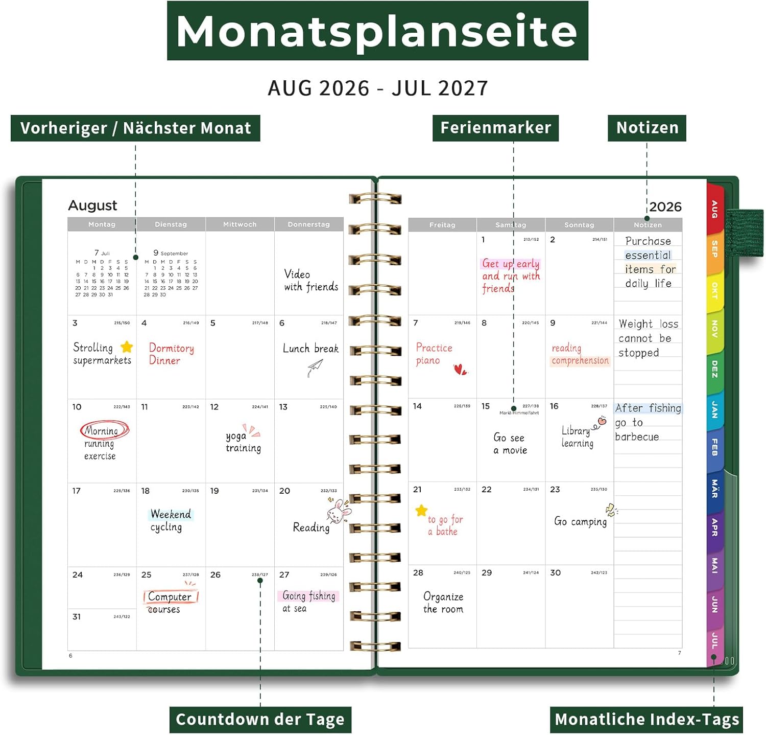 Thumbnail 2 de EMSHOI Kalender 2026/2027 A5 Terminplaner mit 30-Min-Intervallen (Wochenansicht) – Dunkelgrün