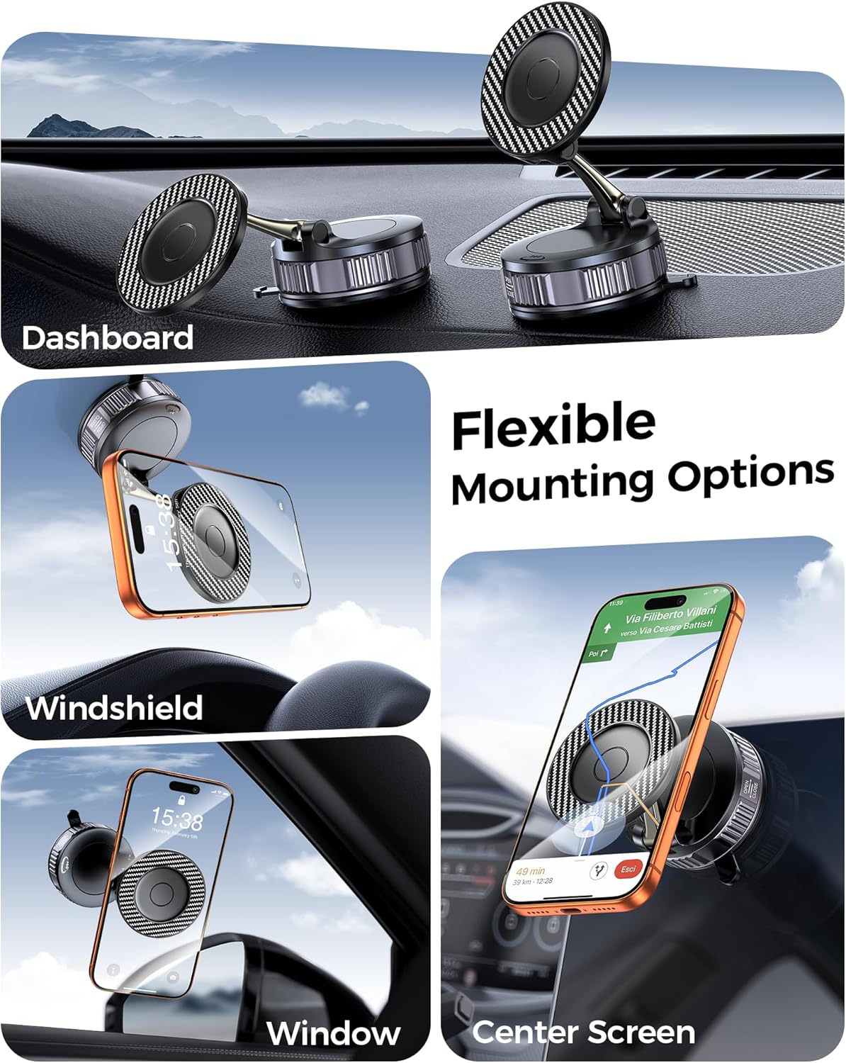 Detalle de Car Phone Holder for MagSafe with Carbon Fiber Look — 108LBS Vacuum Suction Mount, 360° Adjustable Magnetic Phone Mount