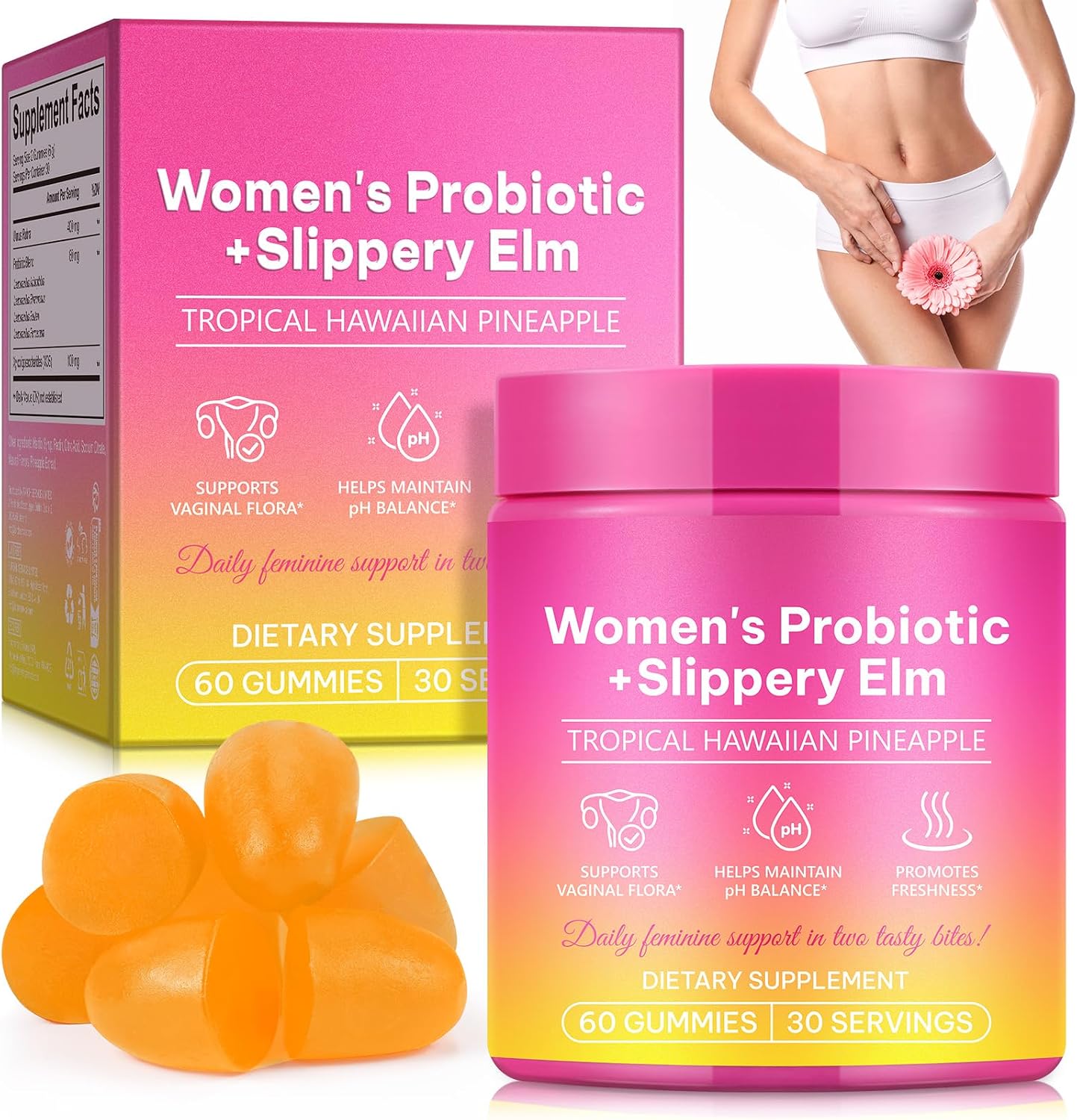 Detalle de zoxpm probiotische gummies voor vrouwen met ananassmaak, rode iep en 60 stuks