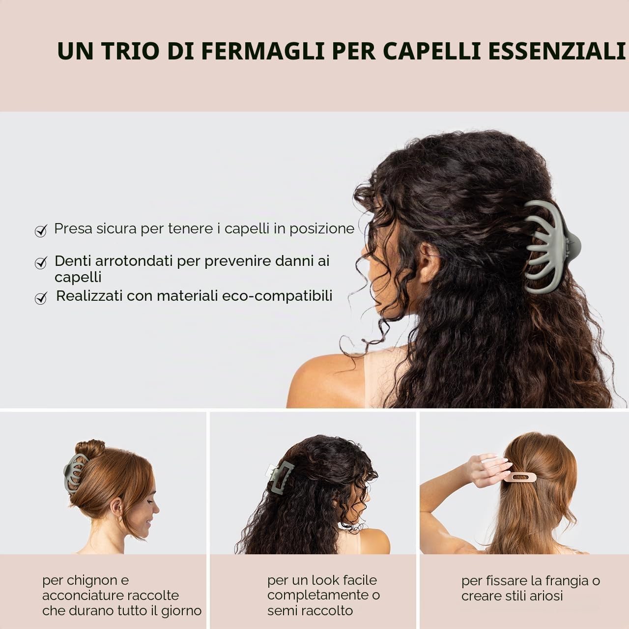 Detalle de Fermagli per capelli Kitsch grandi assortiti – trio ecologico per acconciature versatili