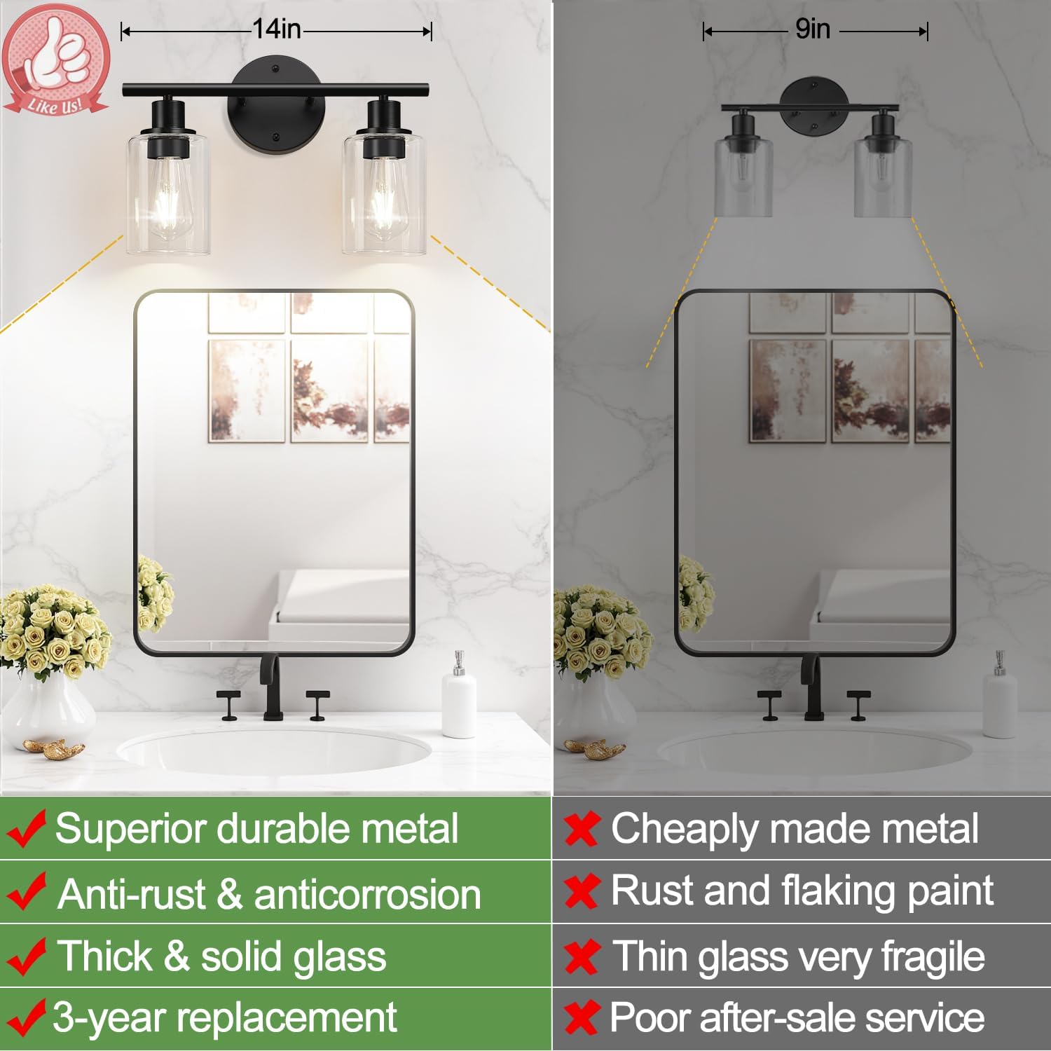 Detalle de Zarbitta LTW077 2-Light Vanity Light, Matte Black with Clear Glass Shades