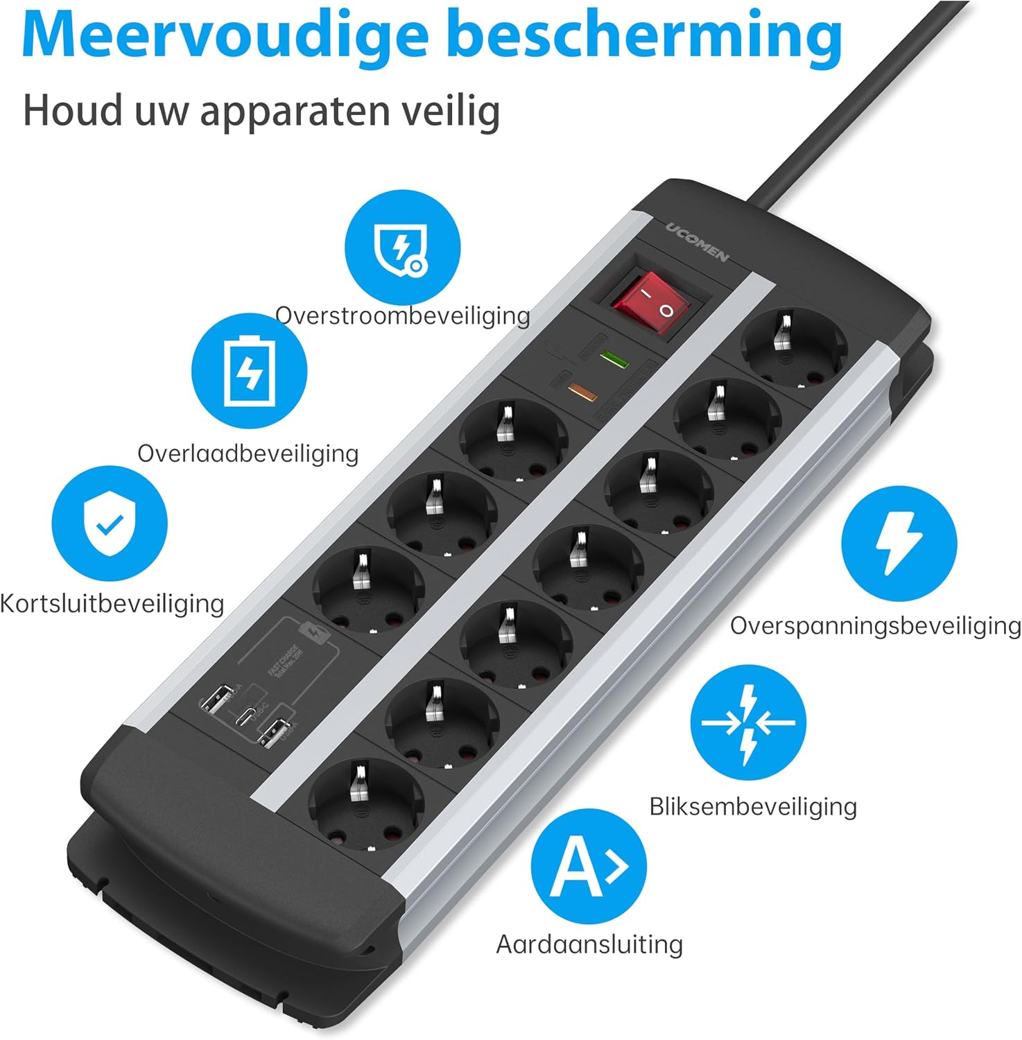 Thumbnail 1 de UCOMEN 10-voudig stopcontact met USB, 1,5 m kabel en overspanningsbeveiliging