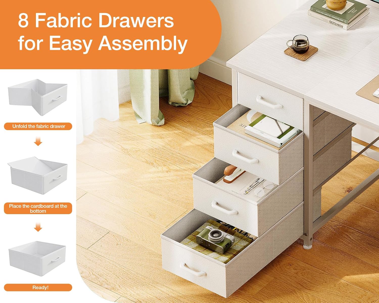 Detalle 2 de Coleshome Computer Desk with Fabric Drawers, 120x48cm – Modern, Storage‑Rich Home Office Table (White)