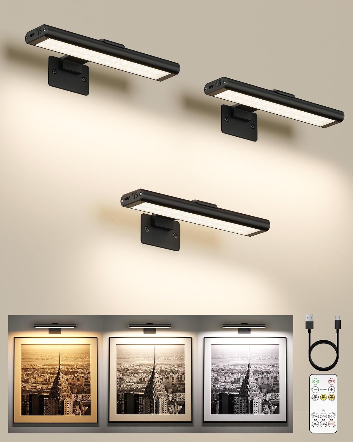 Detalle de EZVALO PL01 Rechargeable Picture Lights, 7.8-Inch Black, 3-Pack