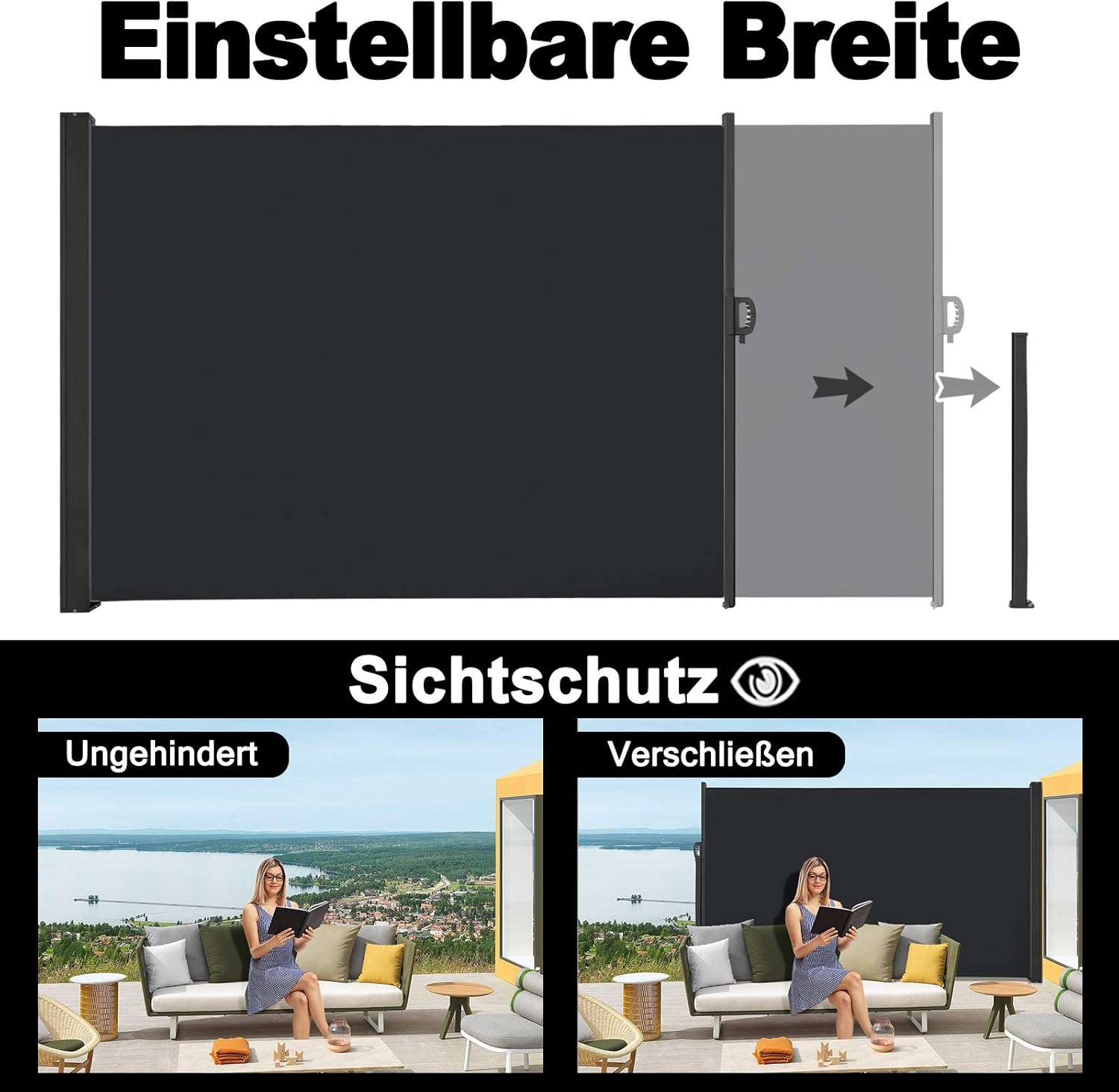 Thumbnail 3 de AufuN Seitenmarkise Ausziehbar 180 x 600 cm – Wind- und Sichtschutz für Balkon, Terrasse und Garten