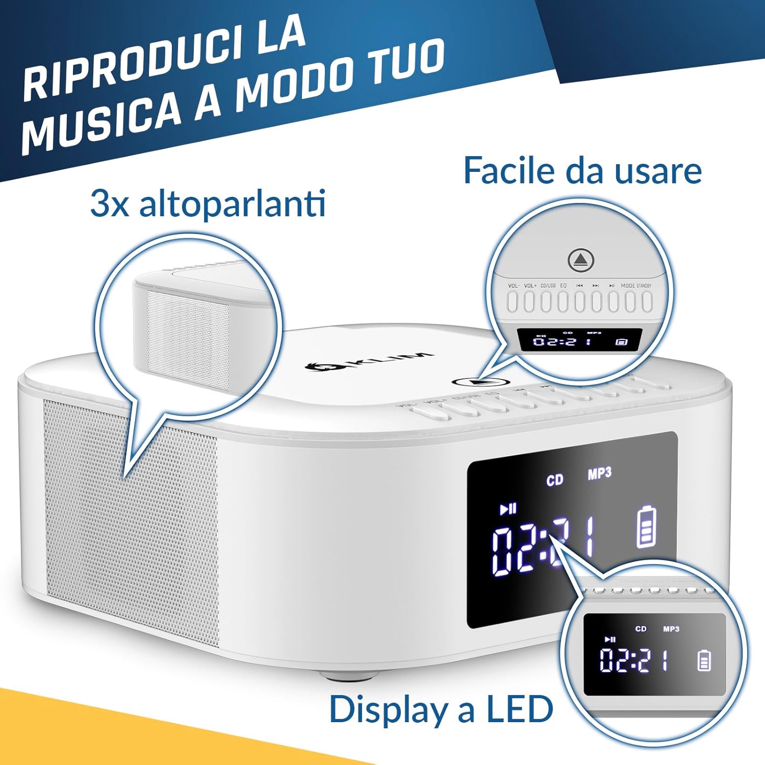 Detalle de KLIM Lettore CD Stereo Boombox E1 - BASS Boost con Subwoofer, Bluetooth, USB e Lettore CD