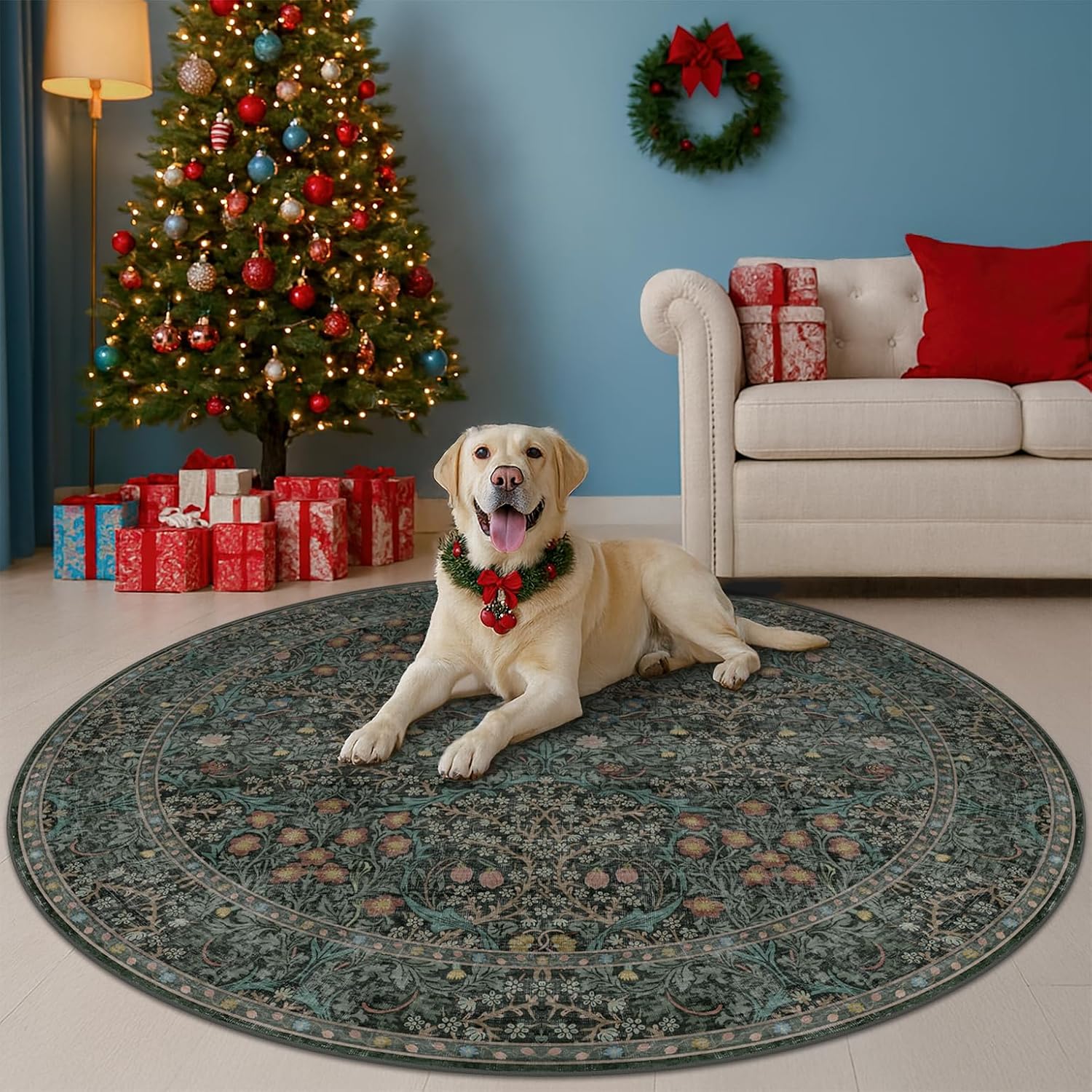 Thumbnail 5 de Hazo Haus Washable Round Area Rug (6ft) in Dark Green Floral — Non-Slip Rubber Backing