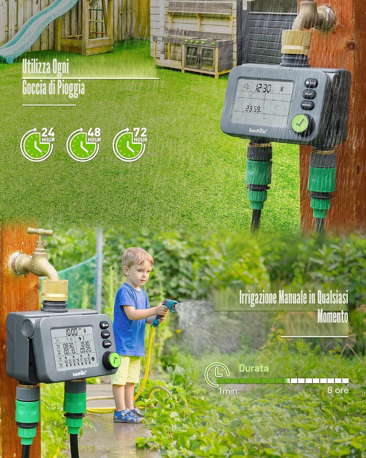 Thumbnail 6 de RAINPOINT Centralina irrigazione con 2 uscite, timer con ritardo pioggia, IP54 e LCD grande (ingresso/uscita in ottone)