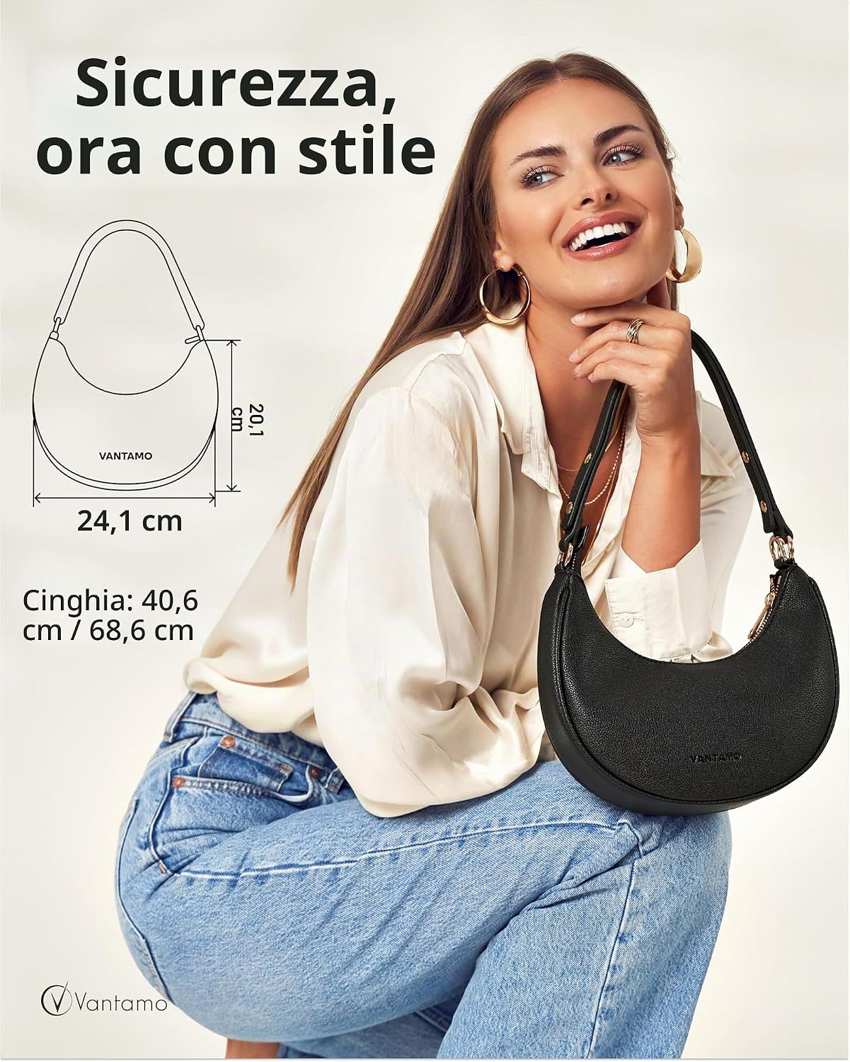 Detalle de Borsa a Mezzaluna da Donna in Ecopelle: antifurto RFID, tracolla regolabile e cerniere dorate