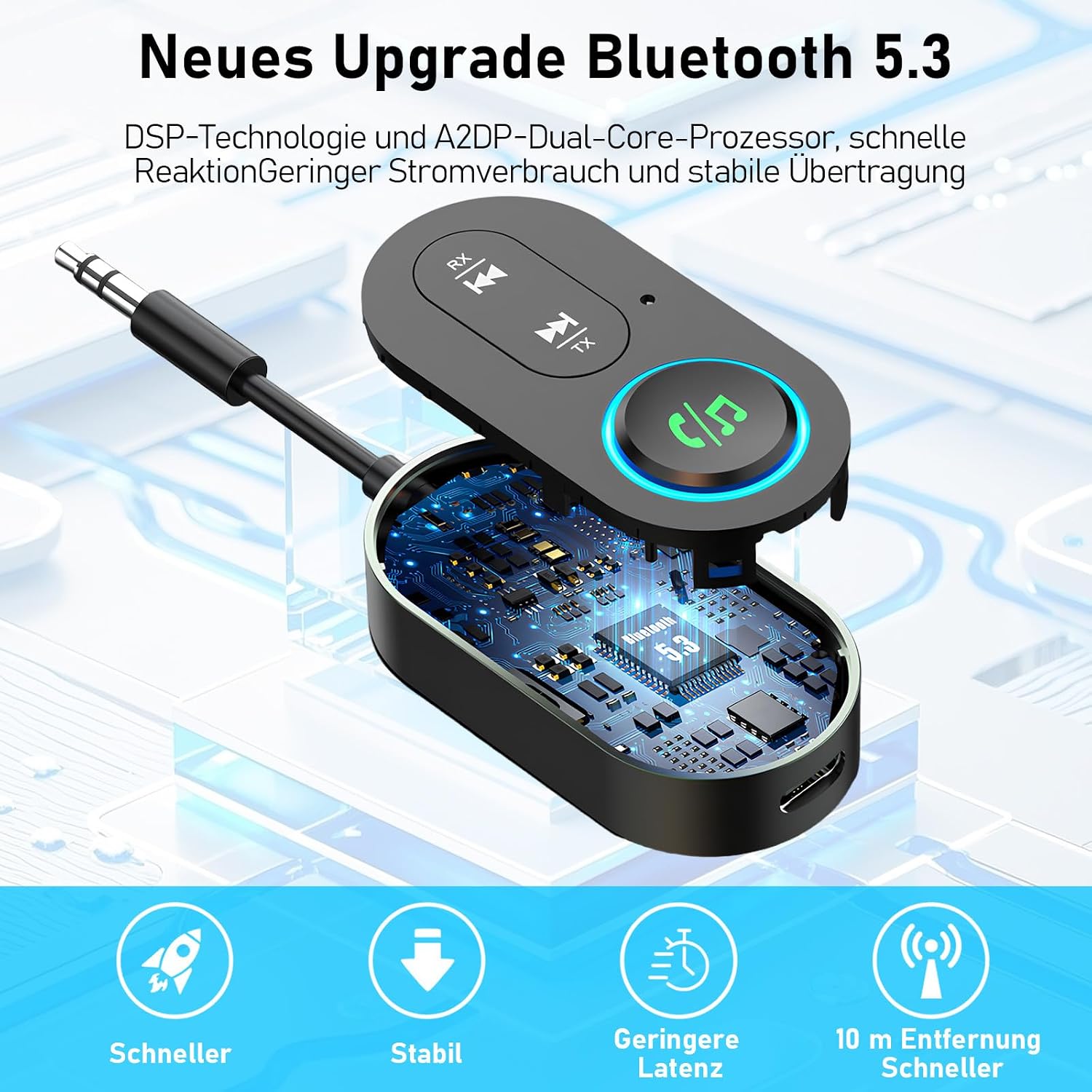 Detalle de Bluetooth Sender Bluetooth Adapter 5.3 (2-in-1) für 3,5-mm-Klinke – TX/RX mit Dual Pairing
