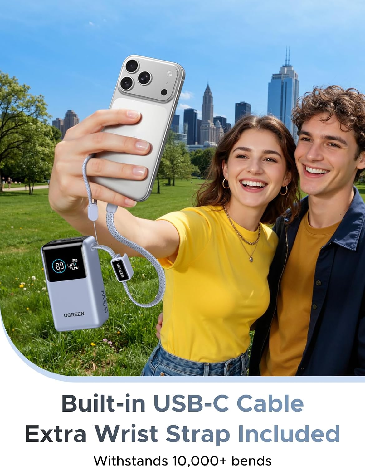 Detalle 2 de UGREEN Nexode 55W 10000mAh power bank with built-in USB-C cable and digital display