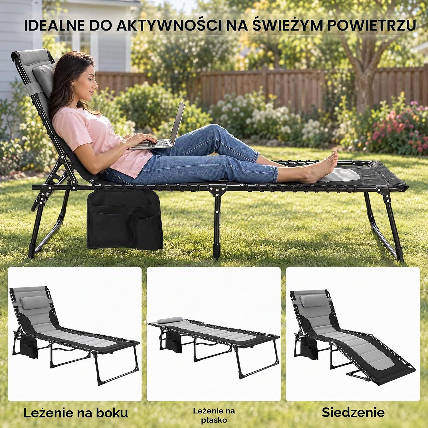 Detalle de LIFERUN HQB-TC-XLM1 leżak składany 199 × 66 cm, regulacja oparcia, do 150 kg