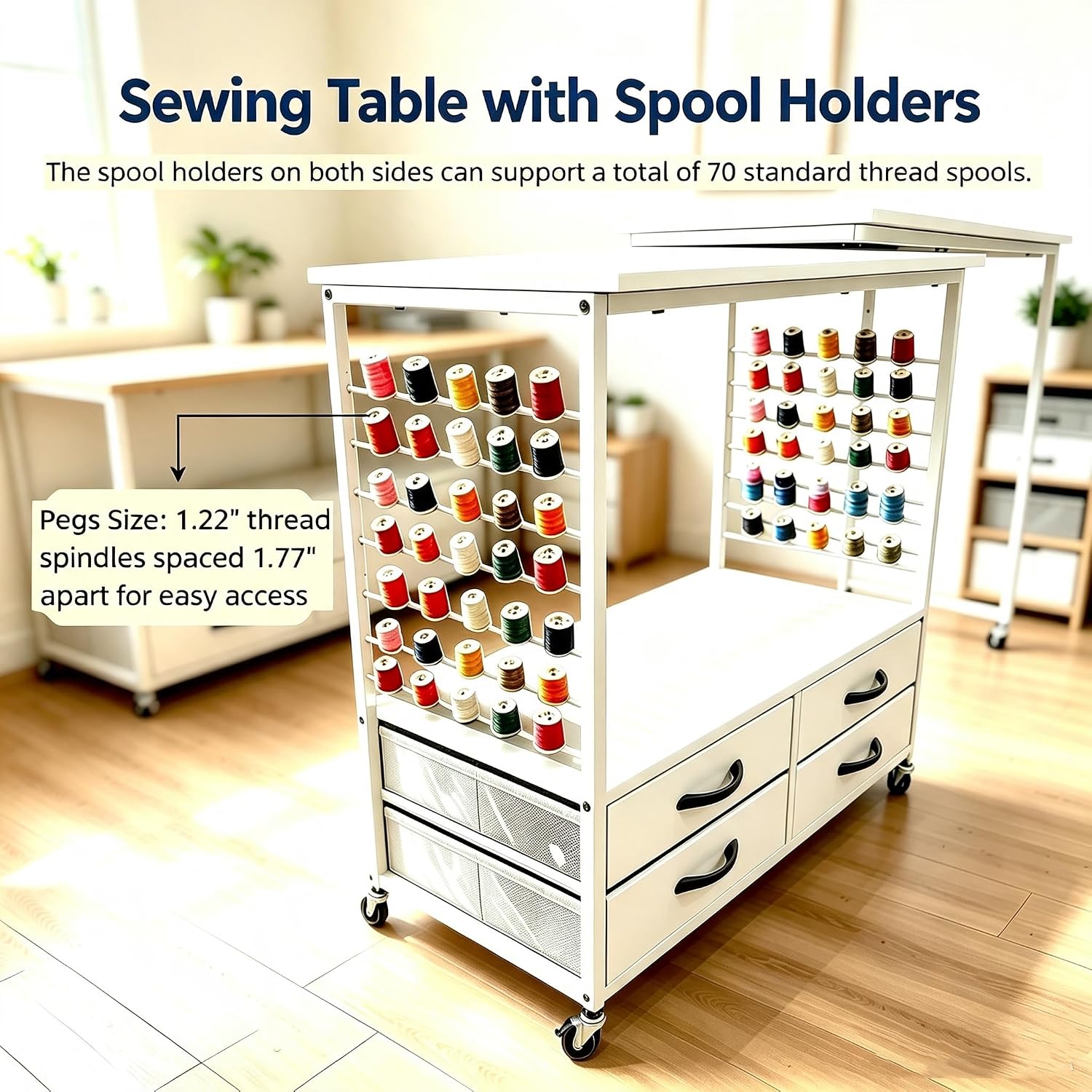 Detalle 2 de Lanlelin Standard Folding Sewing Table with Storage, 70 Pegs and 4 Drawers