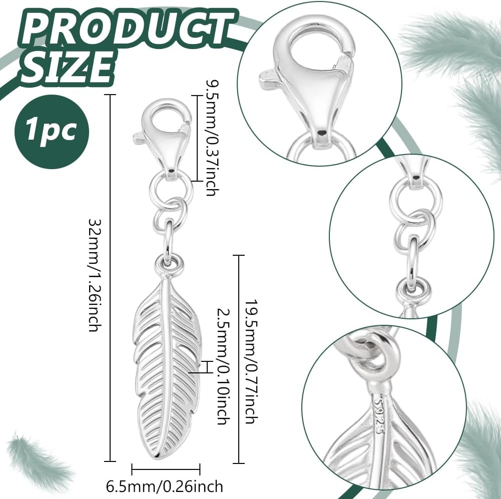 Thumbnail 1 de PH PandaHall Feder Anhänger aus 925 Sterlingsilber mit Clip-Design (Feder-Charms, silber)