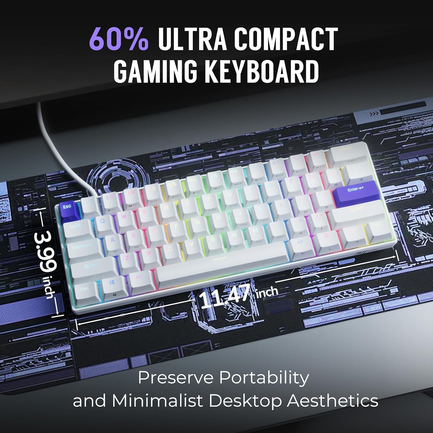 Detalle de RK ROYAL KLUDGE C61 HE Gaming Keyboard: 60% Hall Effect Magnetic Switches, 8000Hz, RGB, White Purple