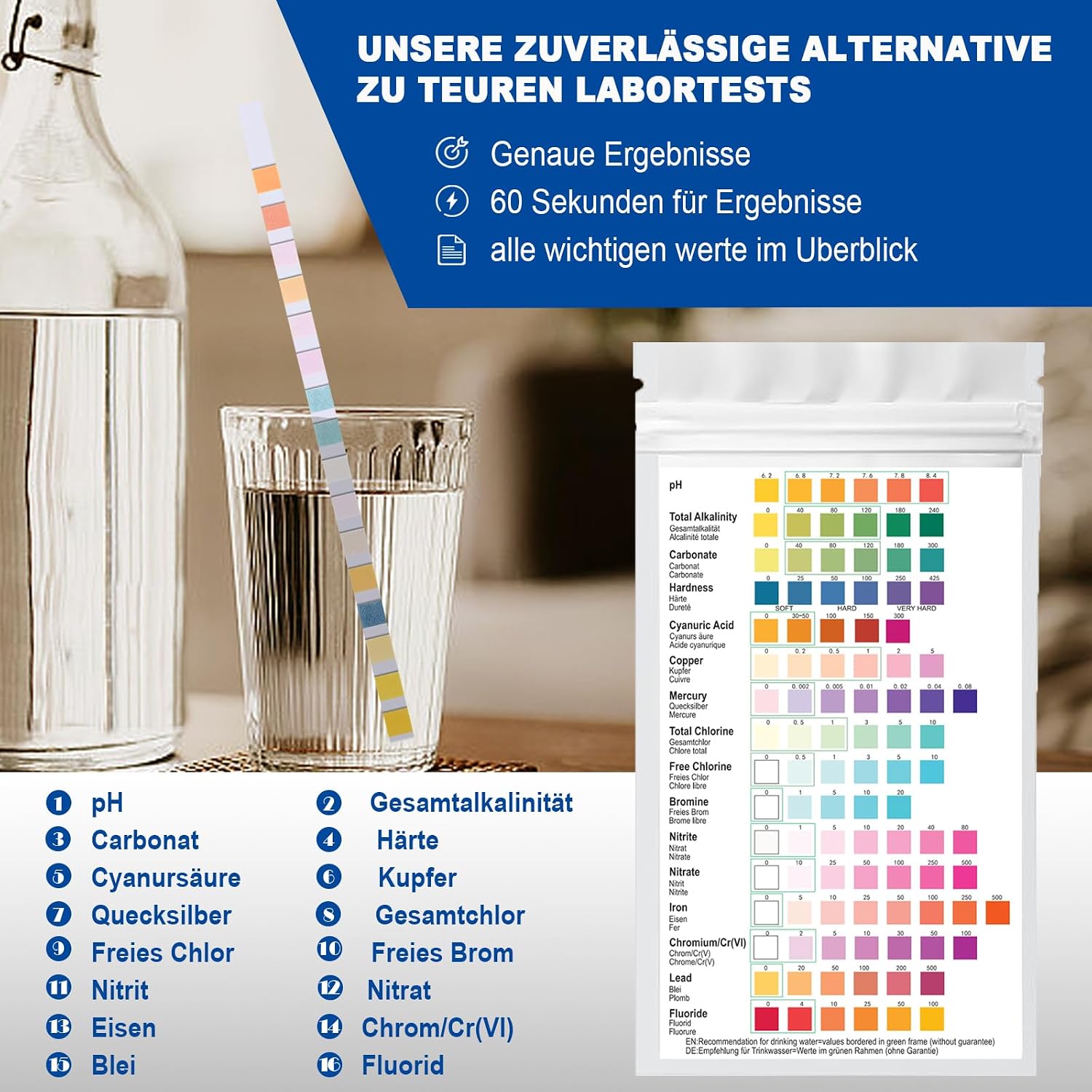 Detalle 2 de Cozii 16-i-1 vattenteststickor, 30 remsor för pH, klor och hårdhet